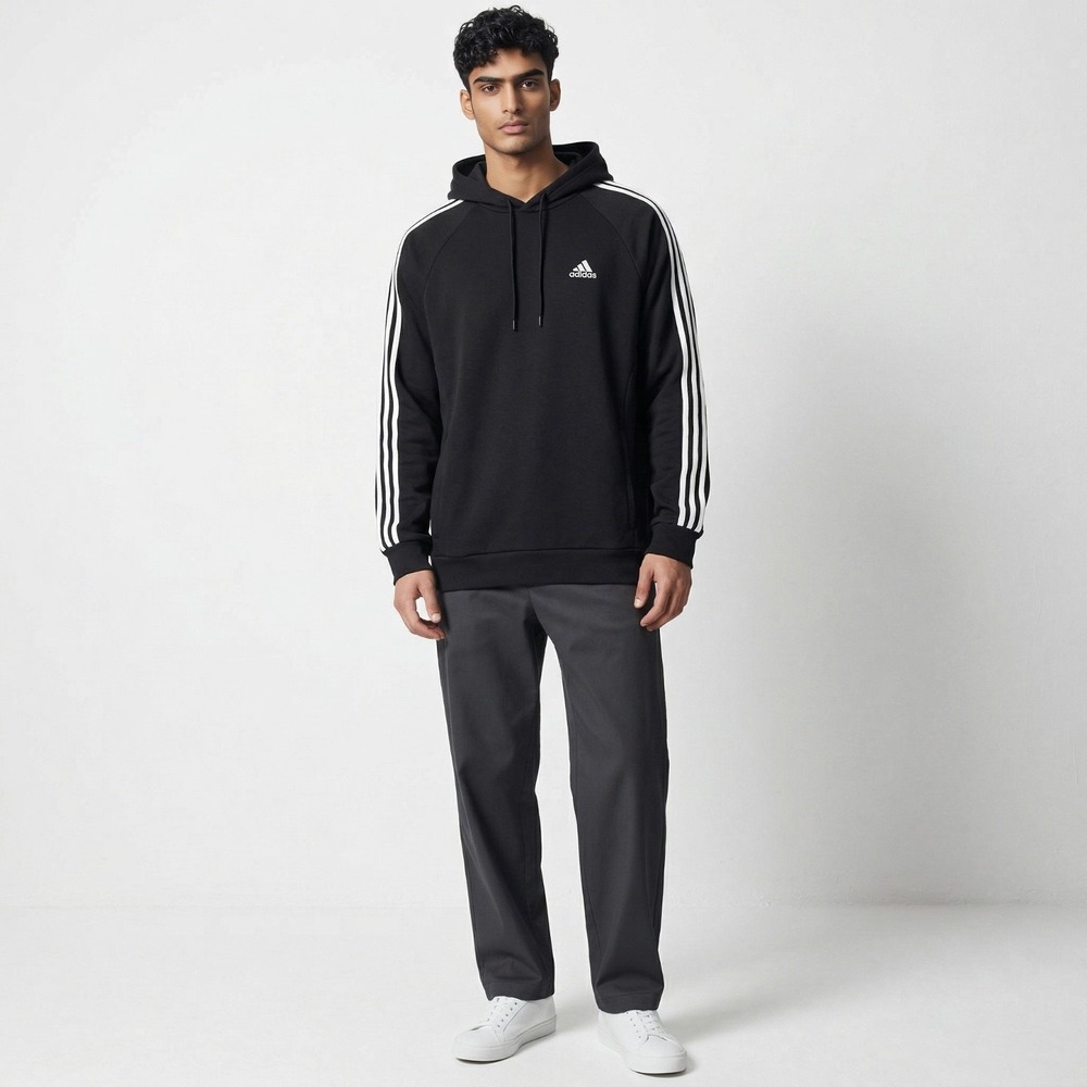Adidas Sport Multi Mens 3-Stripe Fleece Pullover Hoodie Size L Black White